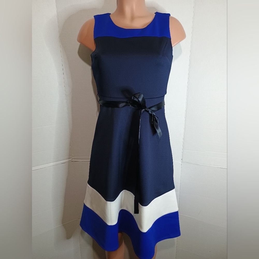Kate & Lily Women's Elegant Navy Blue and White Sleeveless Dress Size 4